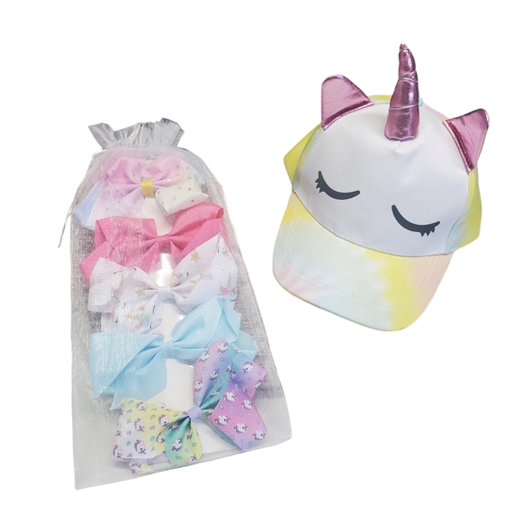 NWOT Girls Bundle Girls'  Unicorn Cap & Hair Bows  Set of 5 - Picture 14 of 14